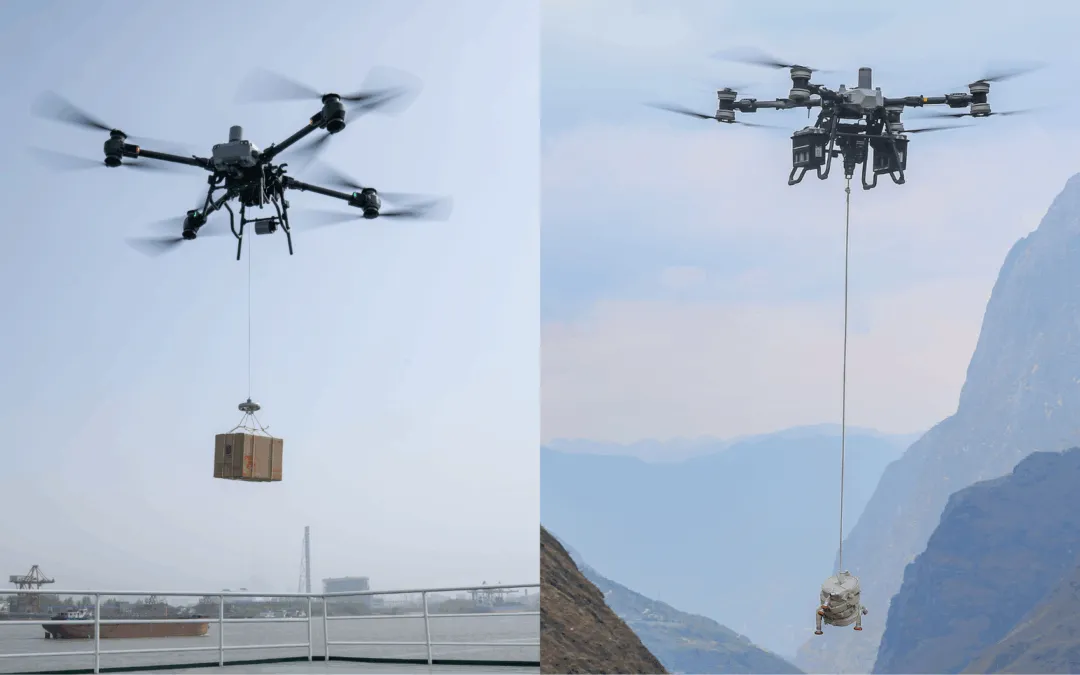 DJI FlyCart 30 und DJI FlyCart 100 Lastendrohnen im direkten Vergleich beim Transportflug